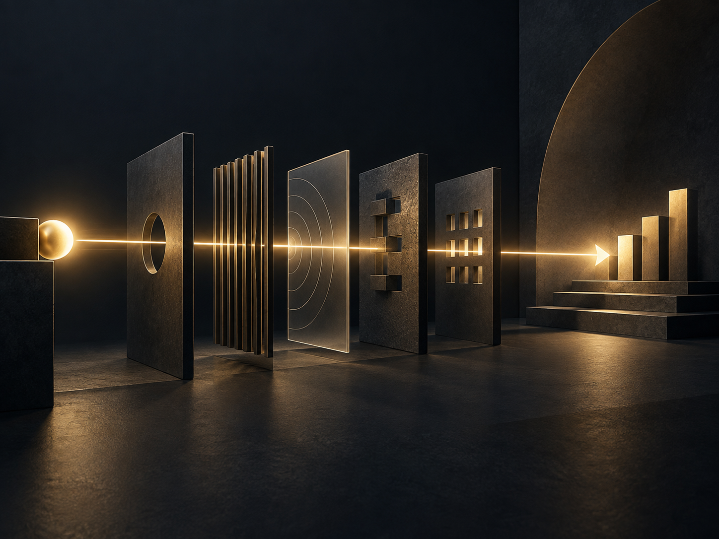 Warm glowing golden sphere at the centre of a dark architectural structure, Compassion with Capacity™