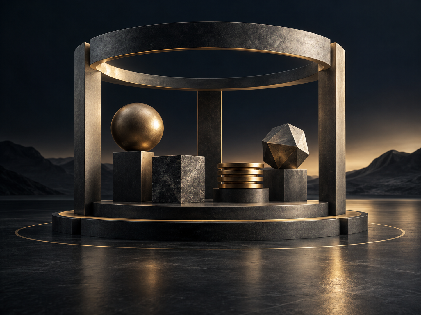 Four interconnected spheres in ivory, charcoal, navy and gold surrounding an illuminated centre, Whole Person Alignment Model™